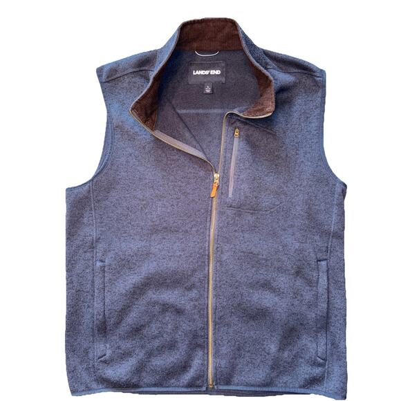 Lands End Mens Knit Vest Large Navy And Brown Full Front Zipper Pockets Golf - Picture 1 of 7